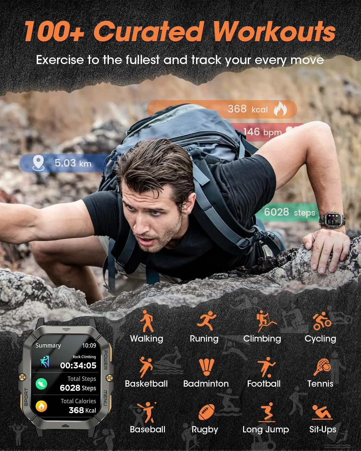 Military Smart Watches for Men (Answer/Make Calls), Watches for Men with Blood Pressure/Heart Rate/Sleep/100  Sport Modes, 2.02'' Fitness Smart Watch, Waterproof Fitness Tracker for Android and iPhone