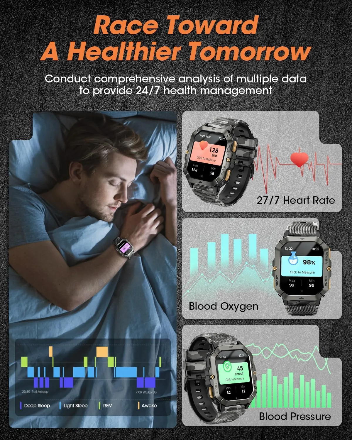 Military Smart Watches for Men (Answer/Make Calls), Watches for Men with Blood Pressure/Heart Rate/Sleep/100  Sport Modes, 2.02'' Fitness Smart Watch, Waterproof Fitness Tracker for Android and iPhone