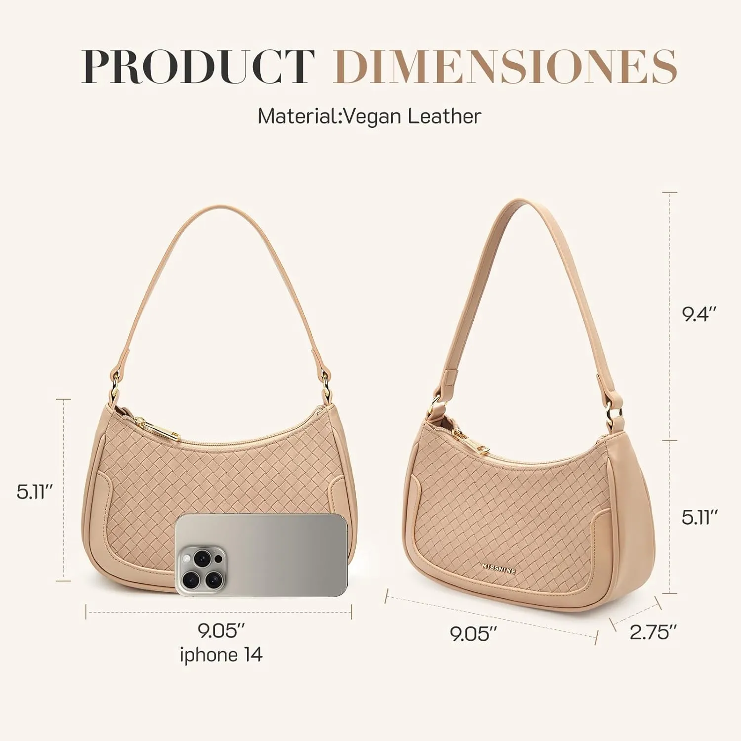 Missnine Shoulder Bag for Women Small Purse Trendy Clutch Hobo Bag Vegan Leather Mini Handbag with Zipper Closure