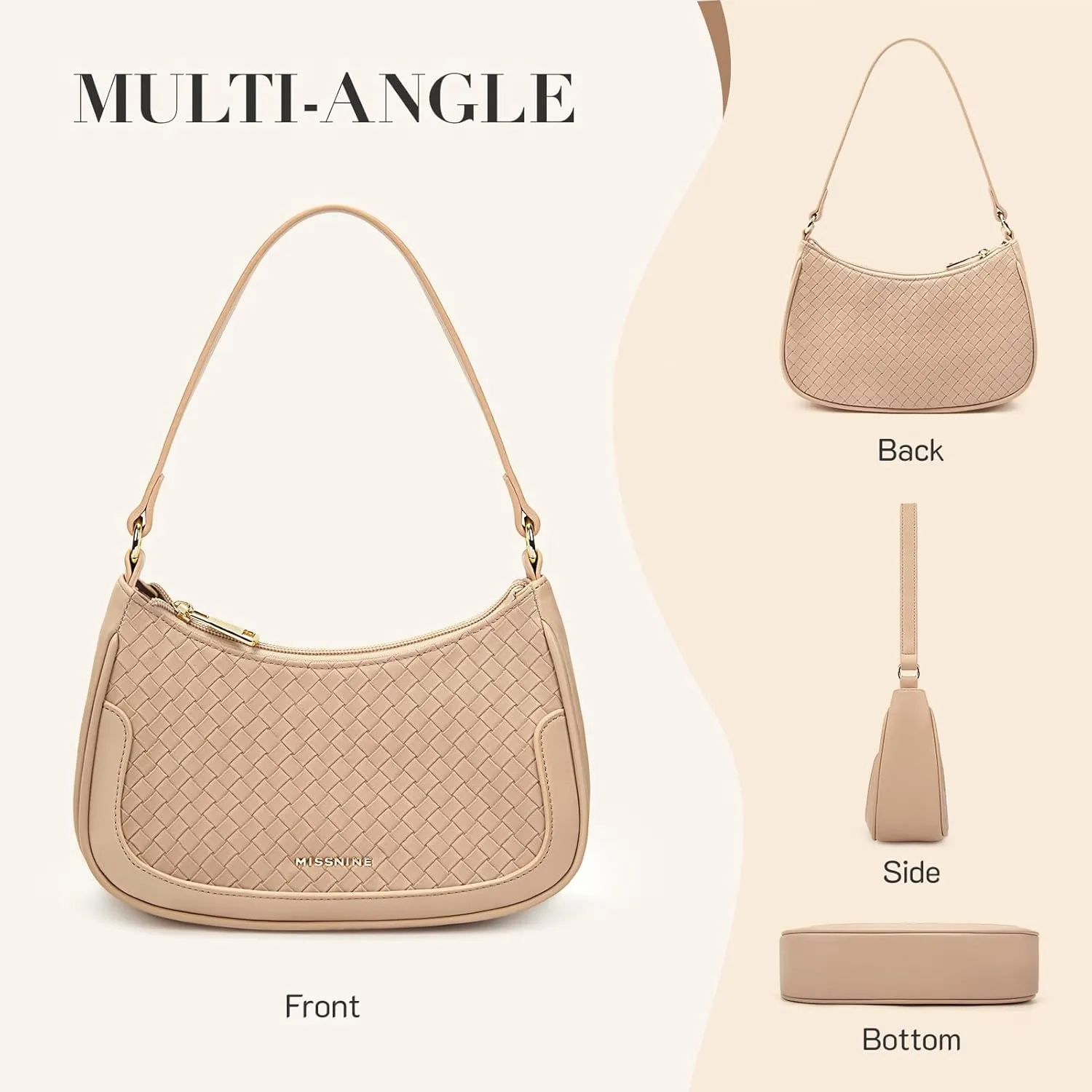 Missnine Shoulder Bag for Women Small Purse Trendy Clutch Hobo Bag Vegan Leather Mini Handbag with Zipper Closure