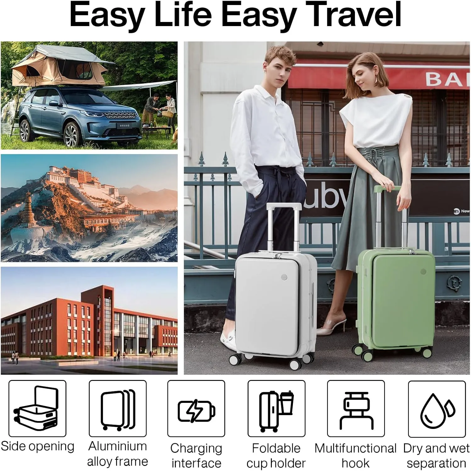 mixi Checked Luggage with Cup Phone Holder and Charger Hard Shell Suitcases with Spinner Wheels, 24 Inch Avocado Green