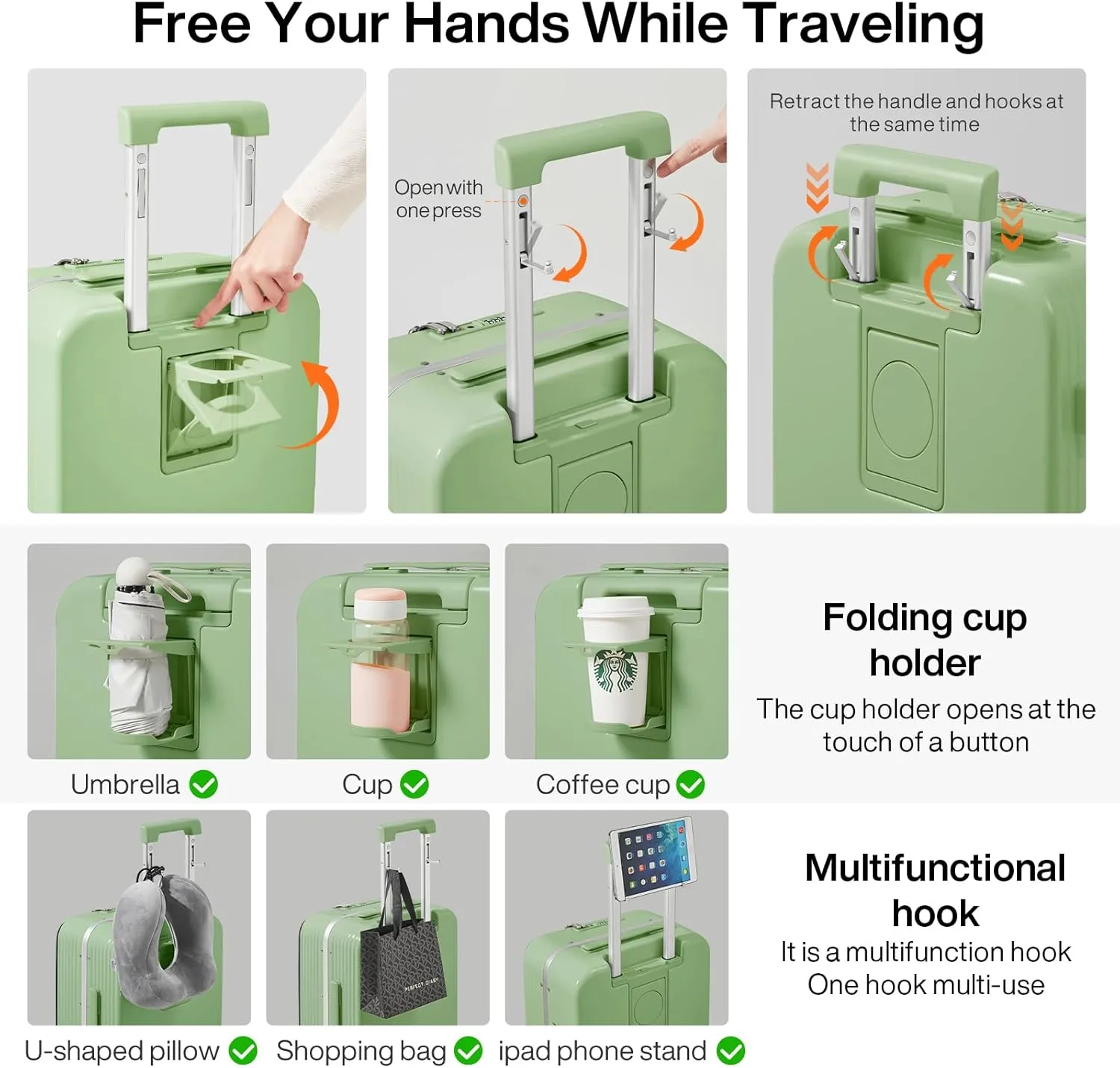 mixi Checked Luggage with Cup Phone Holder and Charger Hard Shell Suitcases with Spinner Wheels, 24 Inch Avocado Green