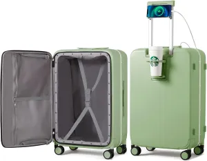 mixi Checked Luggage with Cup Phone Holder and Charger Hard Shell Suitcases with Spinner Wheels, 24 Inch Avocado Green