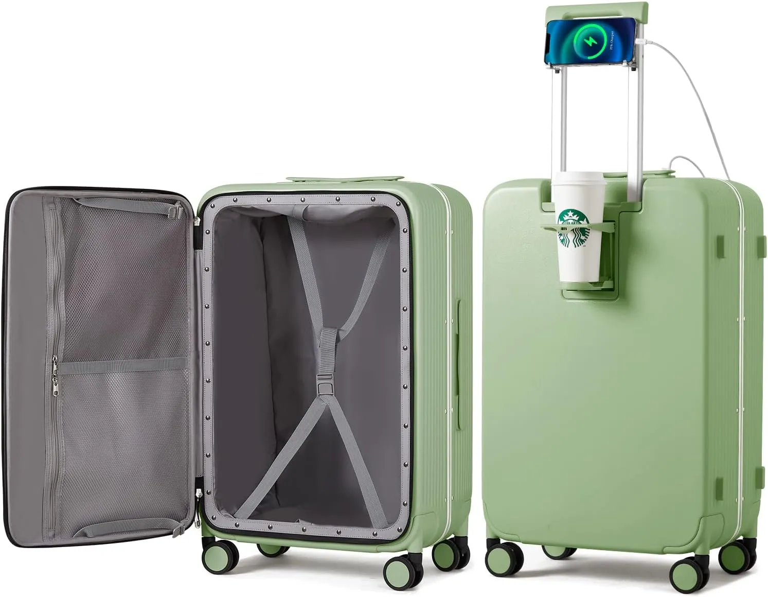 mixi Checked Luggage with Cup Phone Holder and Charger Hard Shell Suitcases with Spinner Wheels, 24 Inch Avocado Green