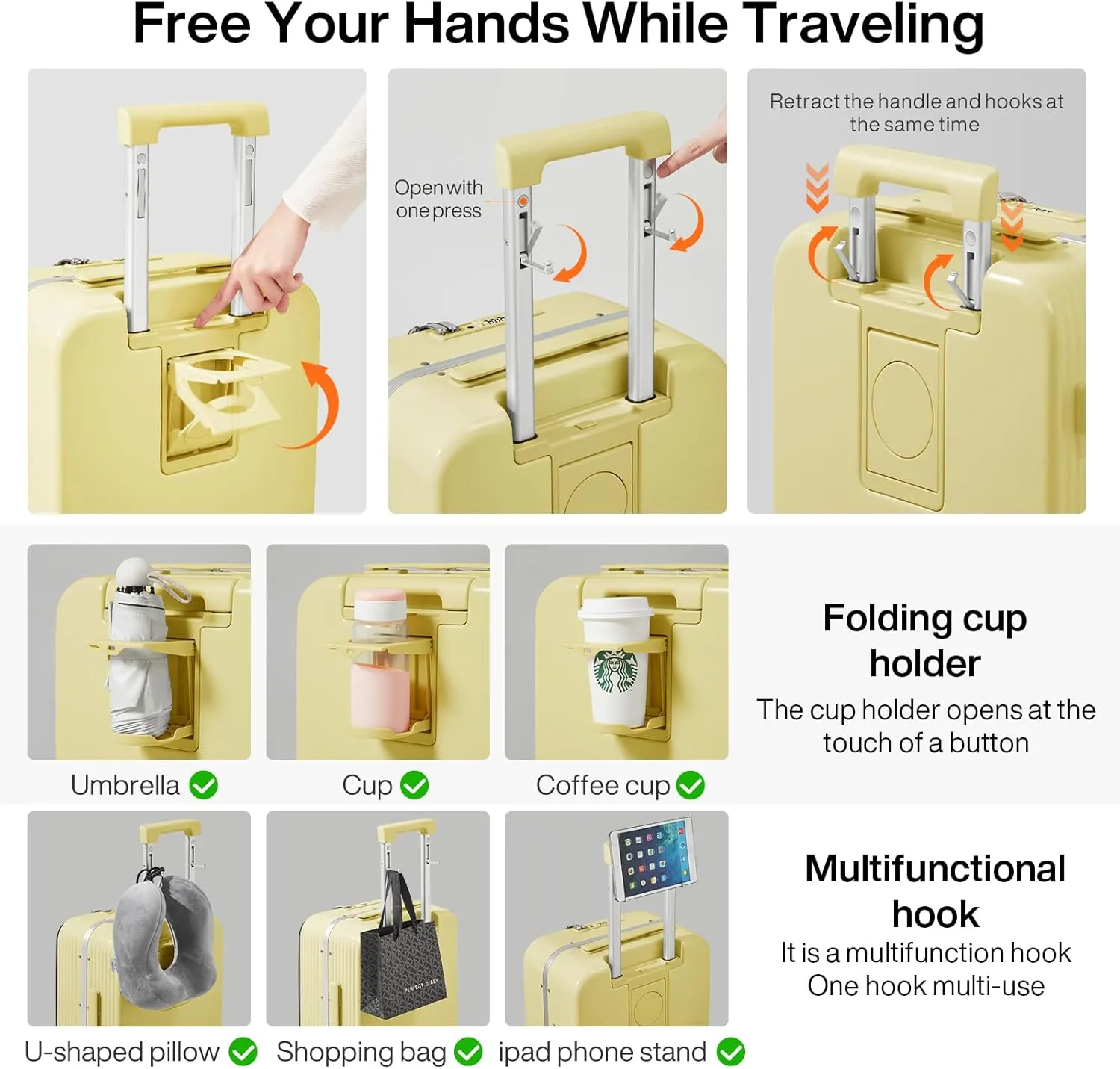 mixi Checked Luggage with Cup Phone Holder and Charger Hard Shell Suitcases with Spinner Wheels, 24 Inch Lark Yellow
