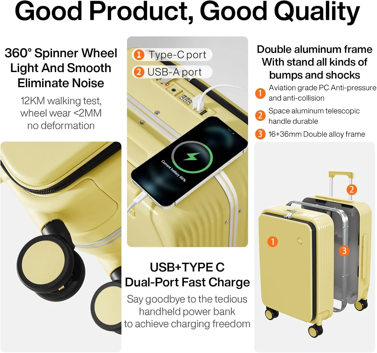mixi Large Checked Luggage with Cup Phone Holder and Charger Hard Shell Suitcases with Spinner Wheels, 26 Inch Lark Yellow