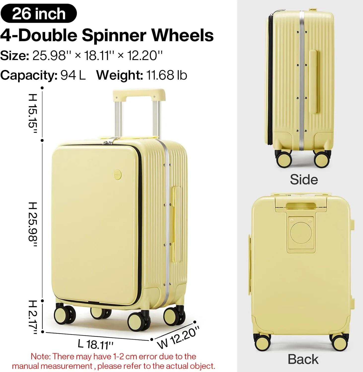 mixi Large Checked Luggage with Cup Phone Holder and Charger Hard Shell Suitcases with Spinner Wheels, 26 Inch Lark Yellow