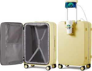 mixi Large Checked Luggage with Cup Phone Holder and Charger Hard Shell Suitcases with Spinner Wheels, 26 Inch Lark Yellow