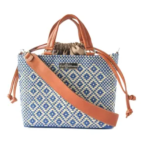 Mixte Medium Woven Crossbody Bag with Drawstring - Tan Leather, Blue & Beige Bag, Recycled Plastic Purse, Oaxacan Mexican Bag, Artisan Made, Travel Bag, Woven Bag