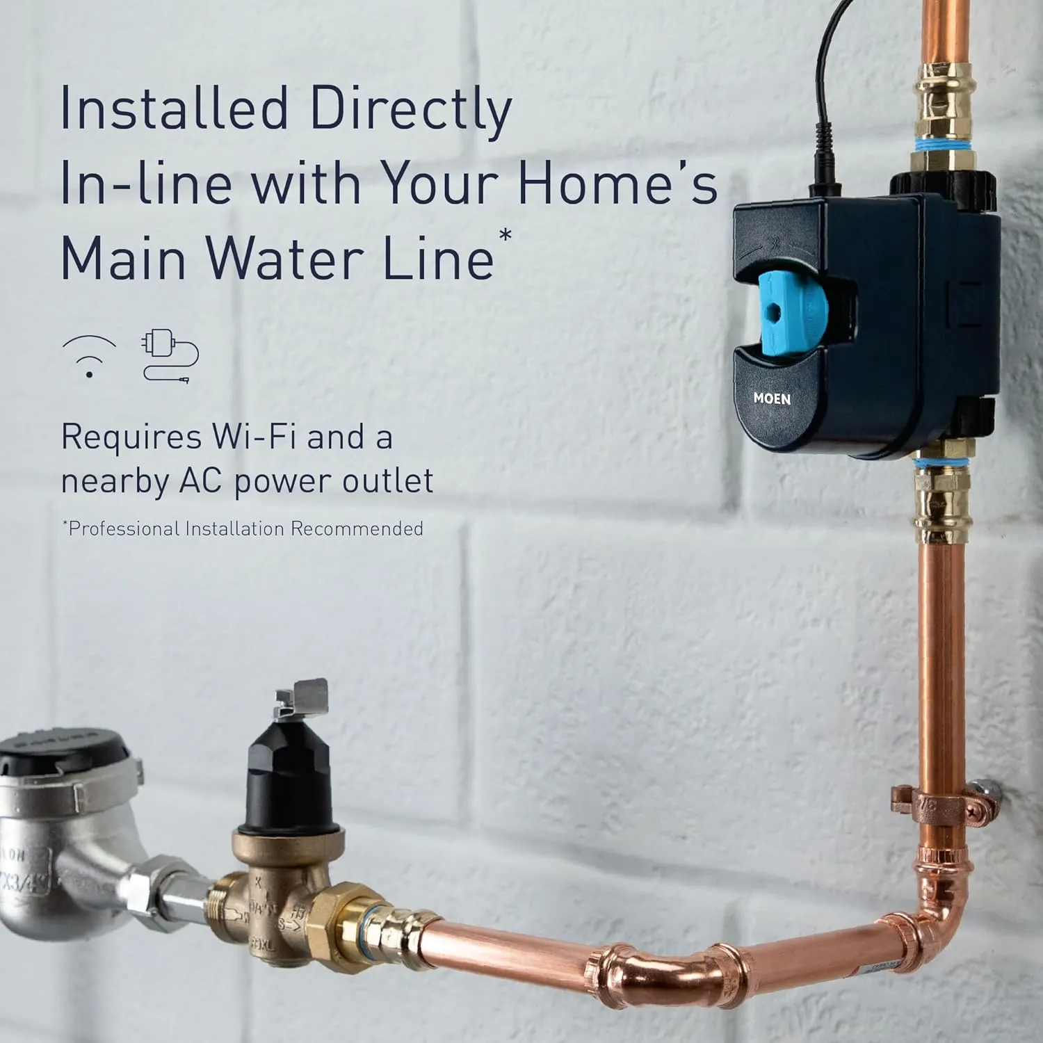 Moen Flo Smart Water Monitor and Automatic Shutoff Sensor, Wi-Fi Connected Water Leak Detector for 1-Inch Diameter Pipe, 900-006