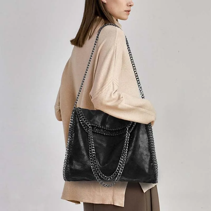 Molodo Trendy Chain Shoulder Bag for Women PU Leather Designer Satchel Bag Large Tote Bag Trendy Hobo Handbag Purses