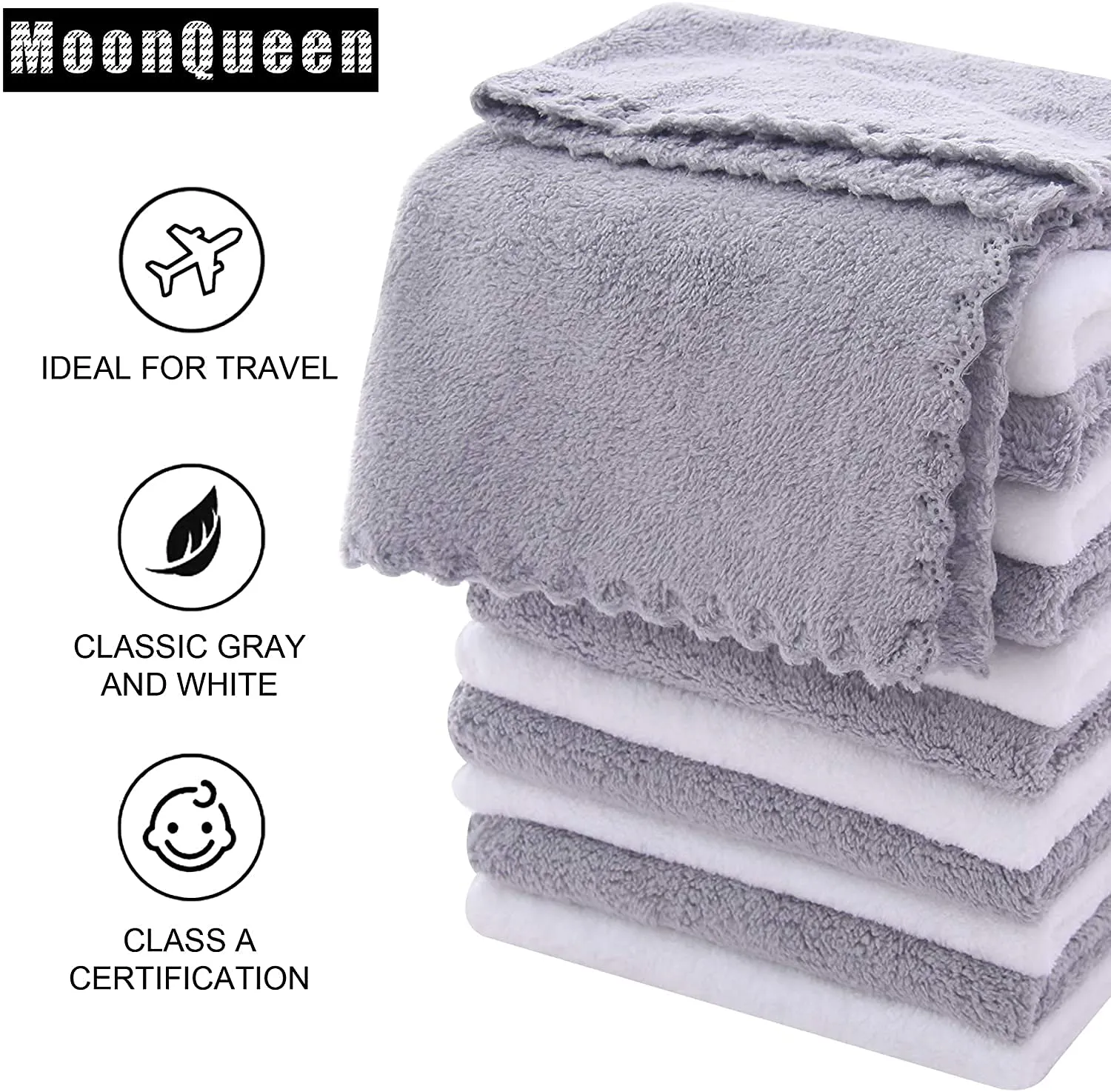 MOONQUEEN 30 Pack Microfiber Face Towel - Premium Soft Makeup Remover Cloths (White-Grey, 30 Pack)
