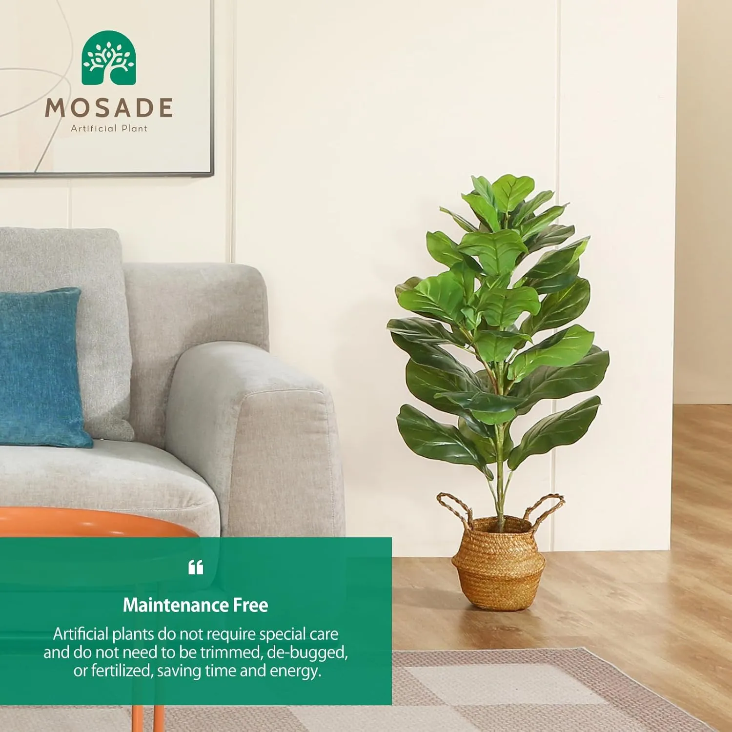 MOSADE Artificial Fiddle Leaf Fig Tree 37Inch Fake Potted Ficus Lyrata Plant with Handmade Seagrass Basket, Perfect Faux Plants Home Décor for Indoor Outdoor Office Porch Balcony Bedroom Bathroom Gift