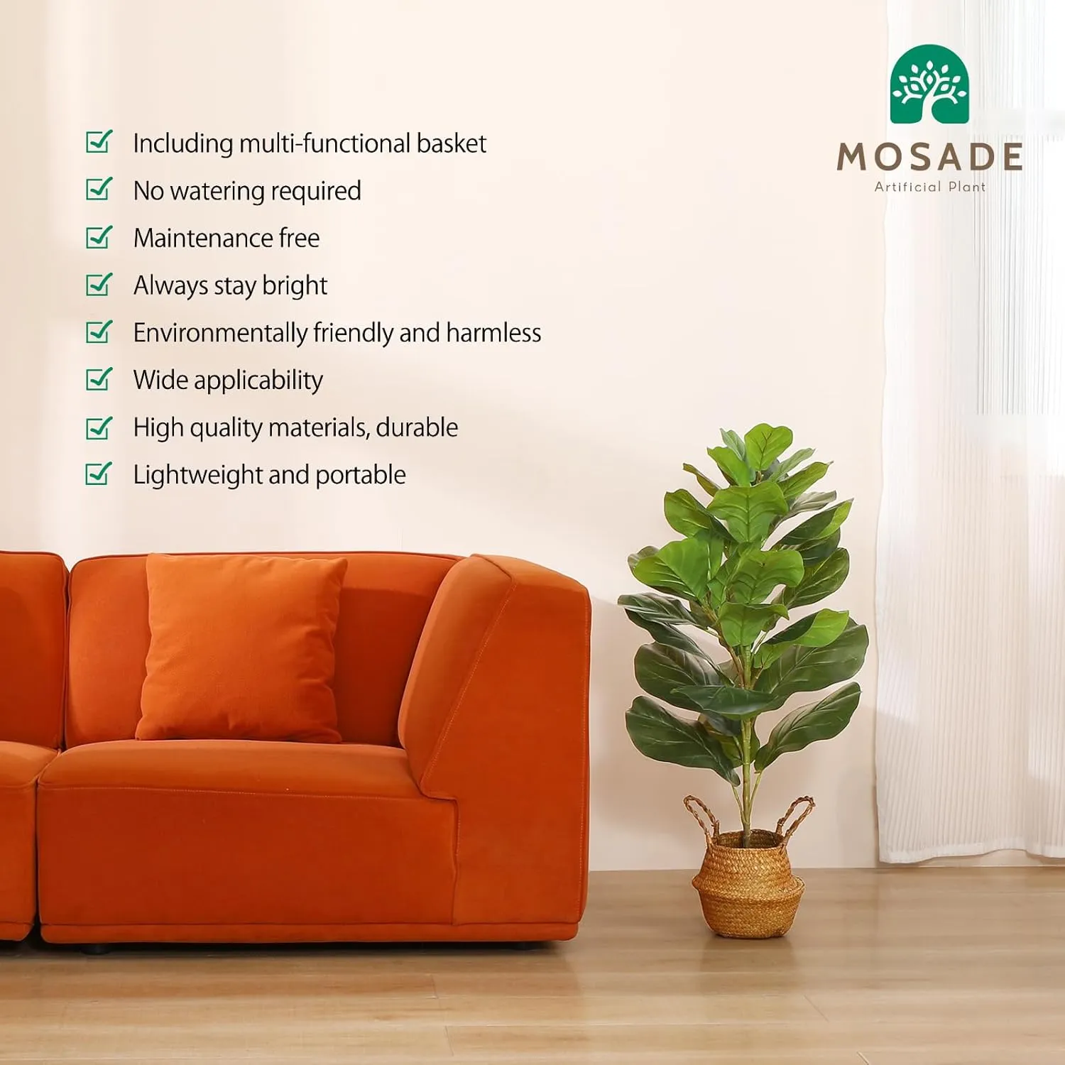 MOSADE Artificial Fiddle Leaf Fig Tree 37Inch Fake Potted Ficus Lyrata Plant with Handmade Seagrass Basket, Perfect Faux Plants Home Décor for Indoor Outdoor Office Porch Balcony Bedroom Bathroom Gift