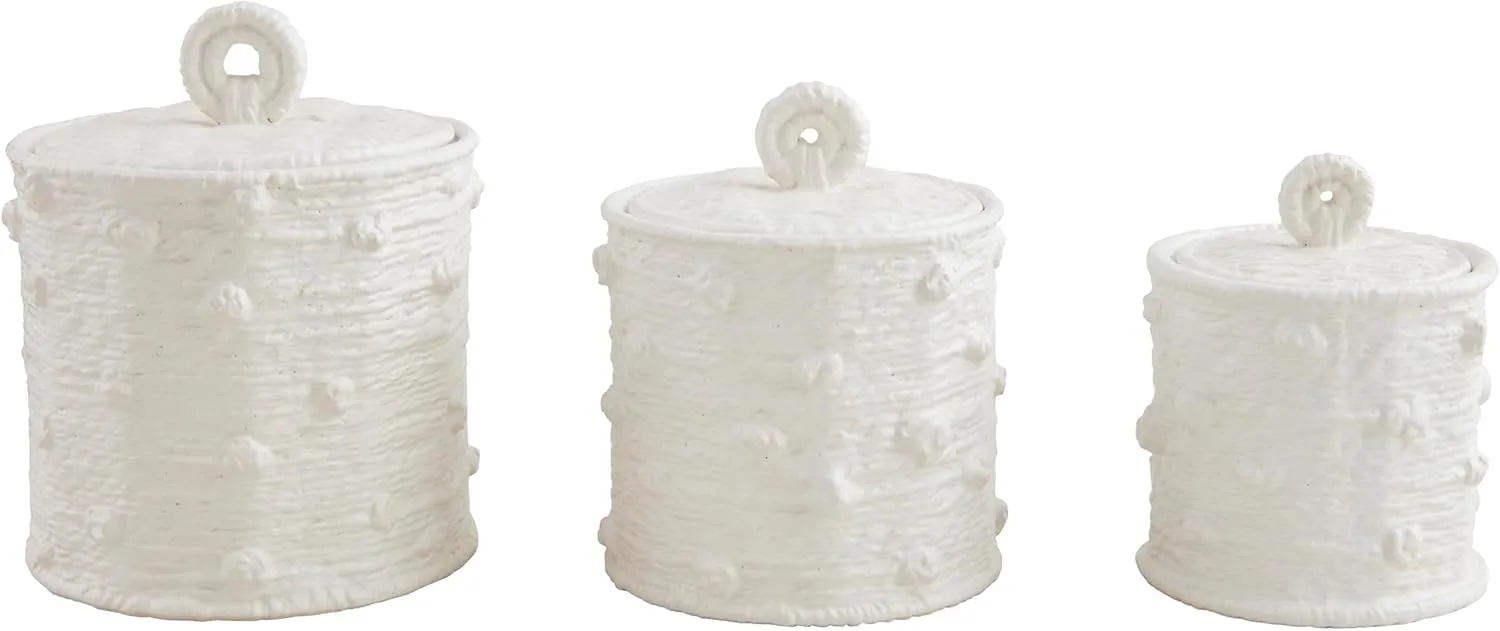 Mud Pie Woven Ceramic Canister Set; Small 5 3/4" x 4 1/2" Dia | Medium 6 3/4" x 5 1/2" Dia | Large 7 3/4" x 6 1/2" Dia