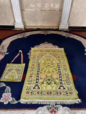 Muslim Travel Prayer Rug Sajadah Elegant Design Islamic Travel hajj or Ramadan Gifts, Prayer Portable Cushion Bag Set (Yellow)