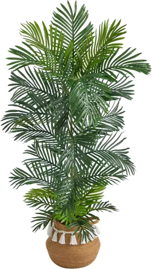 Nearly Natural 5ft. Areca Artificial Palm Tree in Boho Chic Handmade Natural Cotton Woven Planter with Tassels UV Resistant (Indoor/Outdoor)