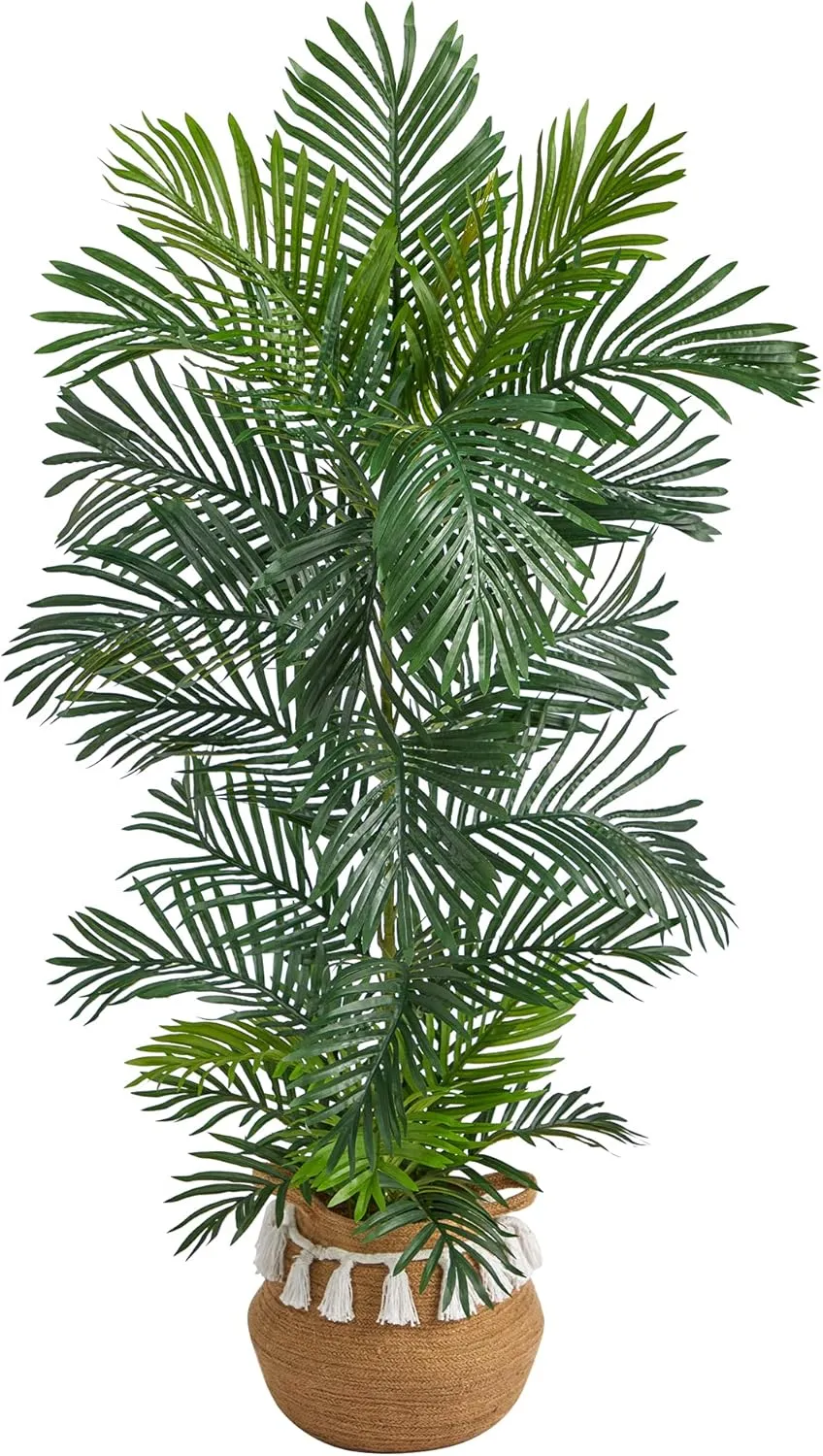 Nearly Natural 5ft. Areca Artificial Palm Tree in Boho Chic Handmade Natural Cotton Woven Planter with Tassels UV Resistant (Indoor/Outdoor)