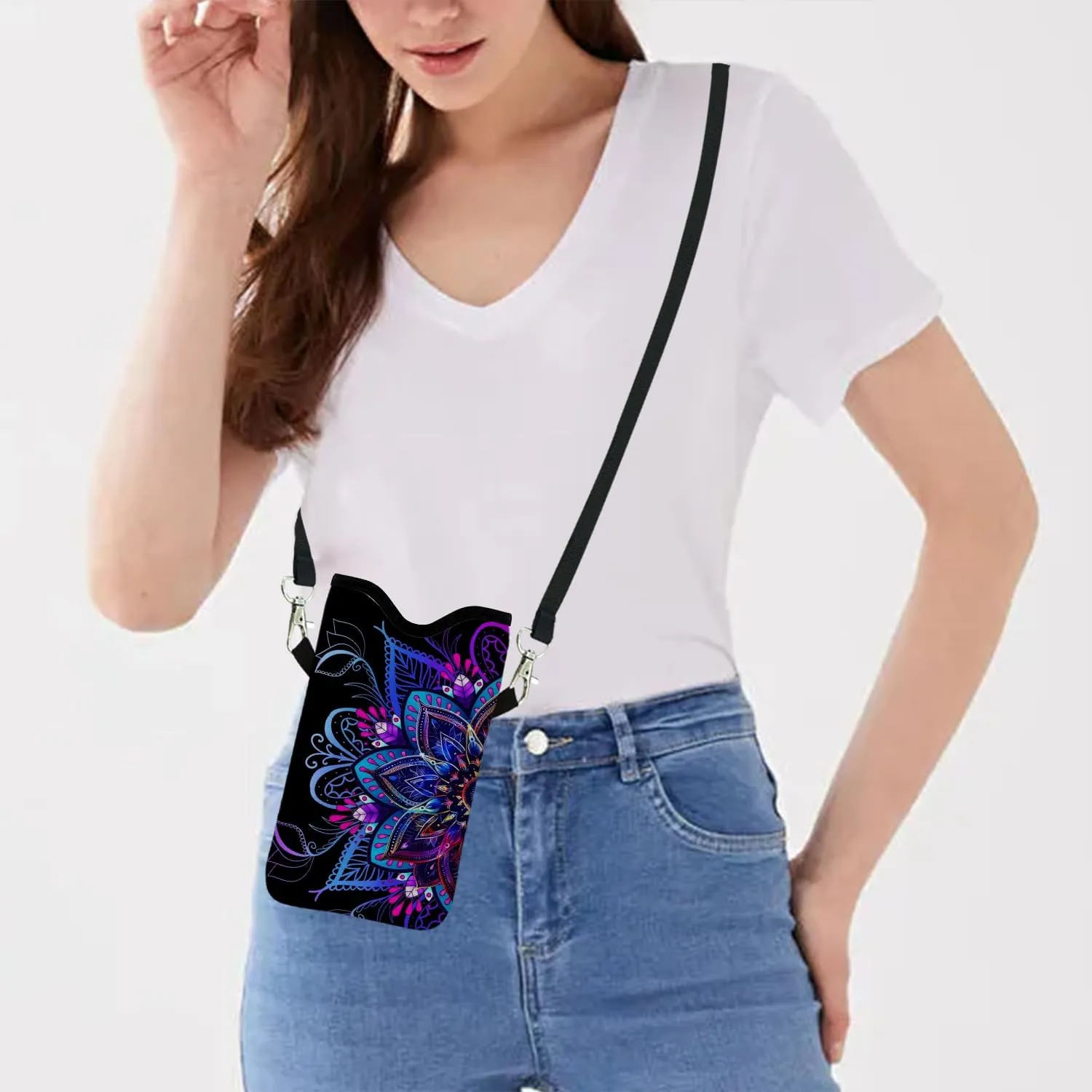 Neoprene Cell Phone Sleeve Pouch Case Bag with Crossbody Strap Neck Lanyard for Women 7.1 X 3.9 in Purple Flower