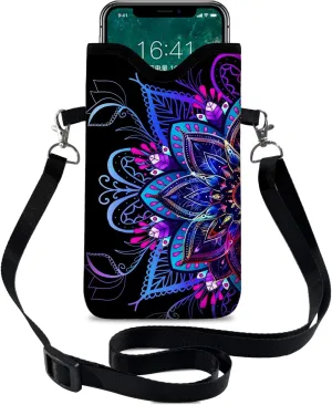 Neoprene Cell Phone Sleeve Pouch Case Bag with Crossbody Strap Neck Lanyard for Women 7.1 X 3.9 in Purple Flower