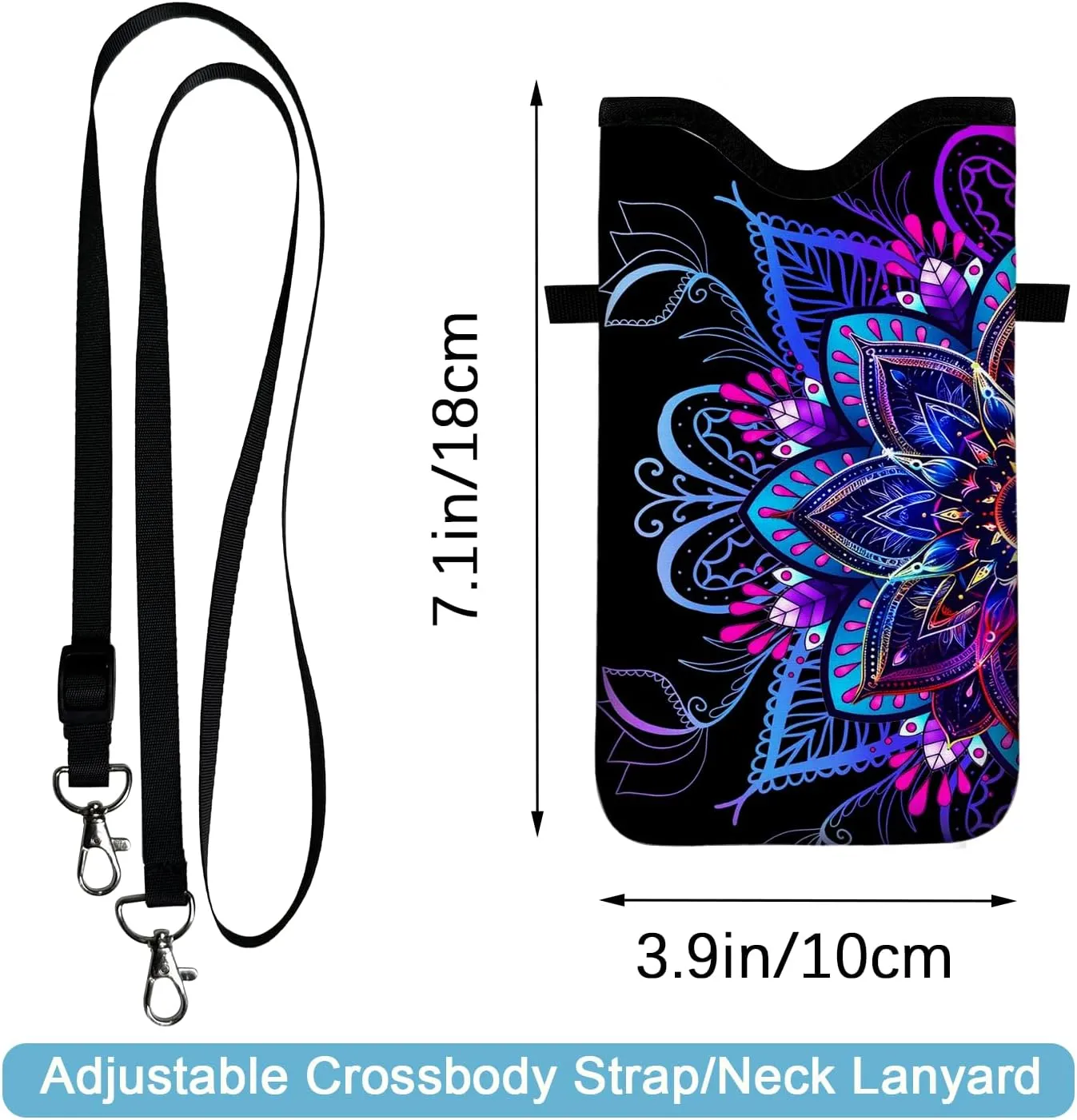 Neoprene Cell Phone Sleeve Pouch Case Bag with Crossbody Strap Neck Lanyard for Women 7.1 X 3.9 in Purple Flower