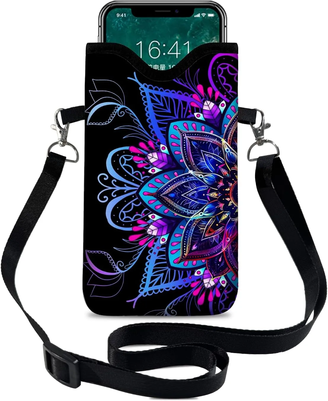 Neoprene Cell Phone Sleeve Pouch Case Bag with Crossbody Strap Neck Lanyard for Women 7.1 X 3.9 in Purple Flower