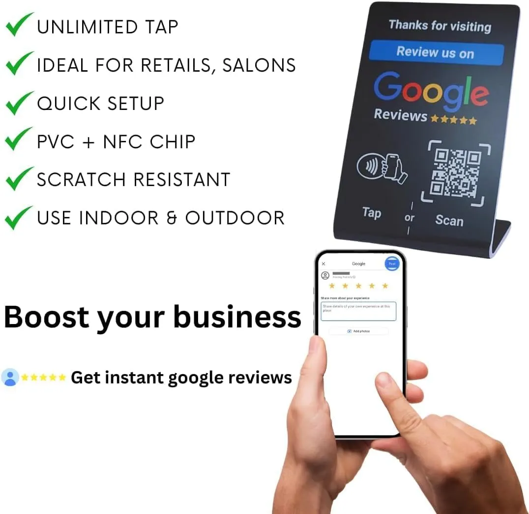 NFC Tap Google Review Stand - Boost Customer Feedback with Tap & Scan QR - No App, No Subscription - Works on iPhone & Android (Black, 1 Pack - 4.13"x2.75")