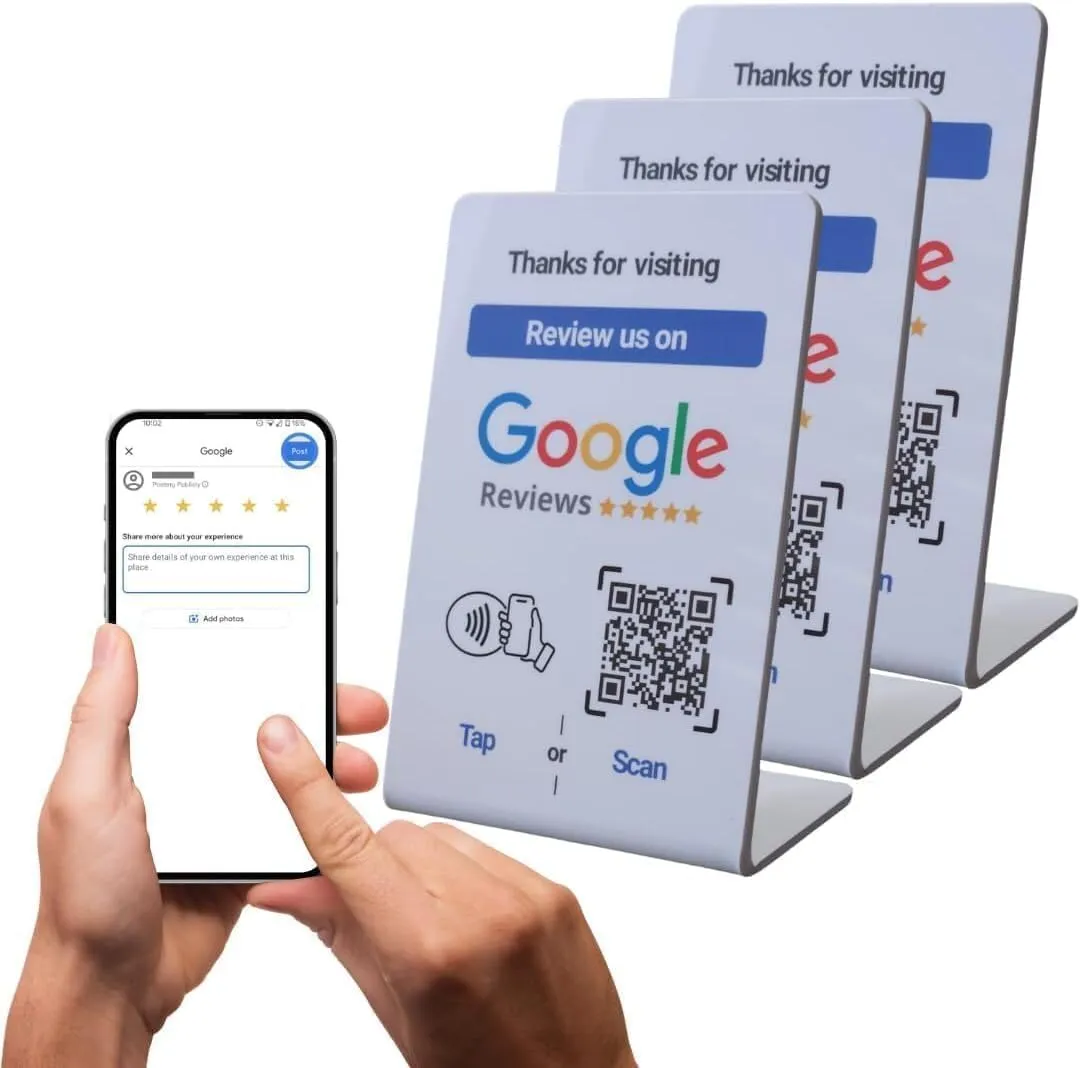 NFC Tap Google Review Stand - Boost Customer Feedback with Tap & Scan QR - No App, No Subscription - Works on iPhone & Android (Size 4.13"x2.75", 3 Pack)