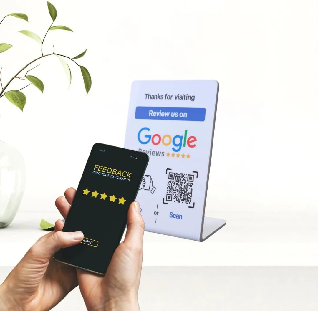 NFC Tap Google Review Stand - Boost Customer Feedback with Tap & Scan QR - No App, No Subscription - Works on iPhone & Android (Size 4.13"x2.75", 3 Pack)