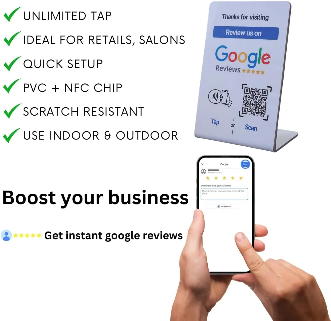 NFC Tap Google Review Stand - Boost Customer Feedback with Tap & Scan QR - No App, No Subscription - Works on iPhone & Android (Size 4.13"x2.75", 3 Pack)