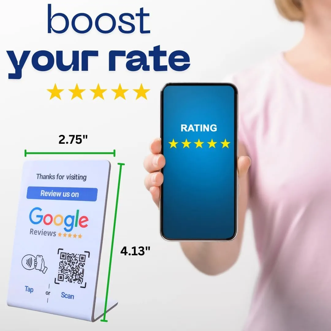 NFC Tap Google Review Stand - Boost Customer Feedback with Tap & Scan QR - No App, No Subscription - Works on iPhone & Android (Size 4.13"x2.75", 3 Pack)
