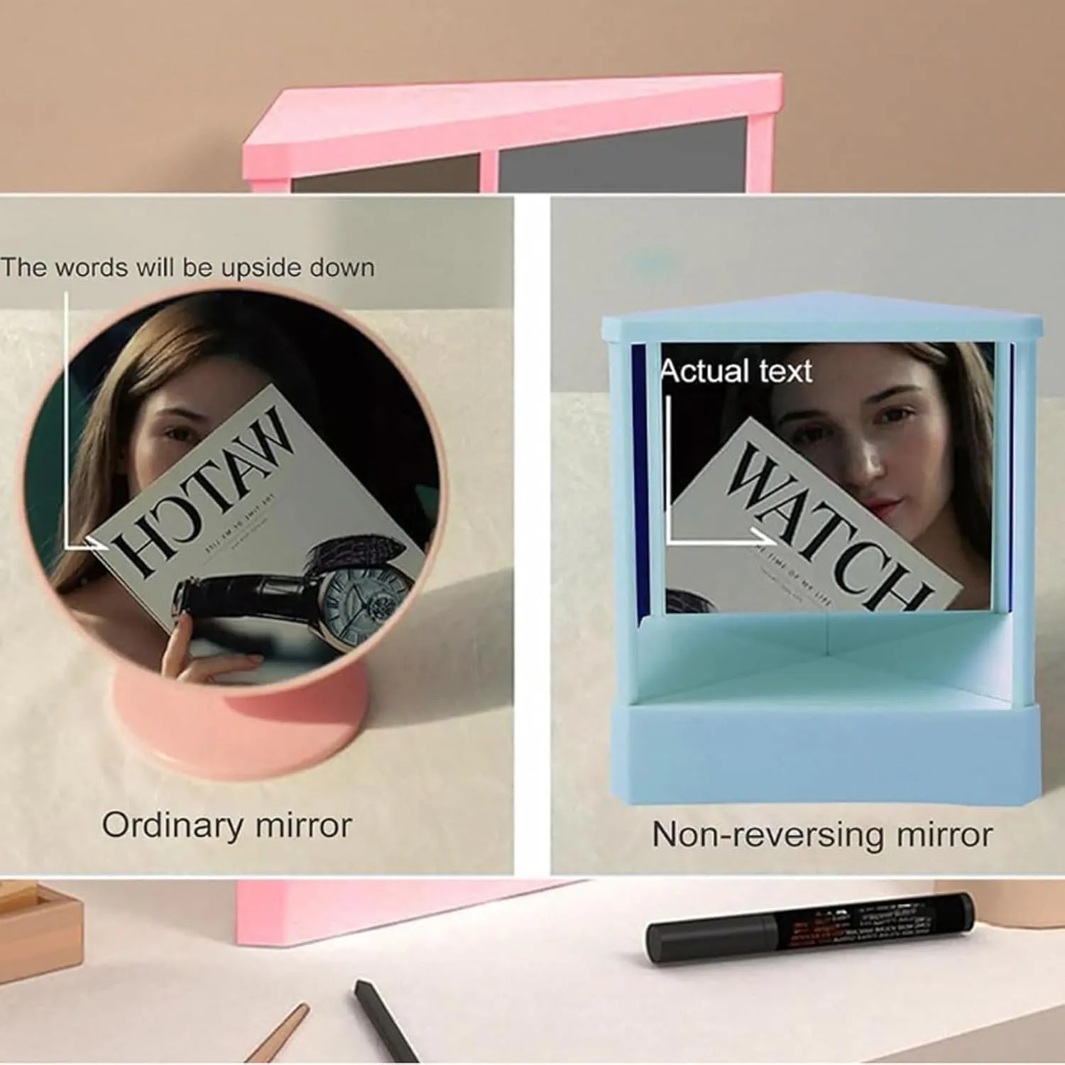 Non-Reversing Mirror, True Image Reflection, True Reflection Standing Cosmetic Mirror, Desktop Mirror Tabletop Mirror for Makeup Vanity (White,Small)