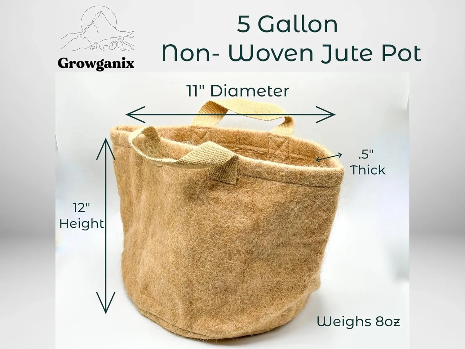 Non-Woven Jute Fabric Grow Bag with Handles, Biodegradeable Pot, 100% Natural Fiber, Breathable, Fast Root Growth, Available in 3 & 5 Gallon. (1, 5 Gallon)