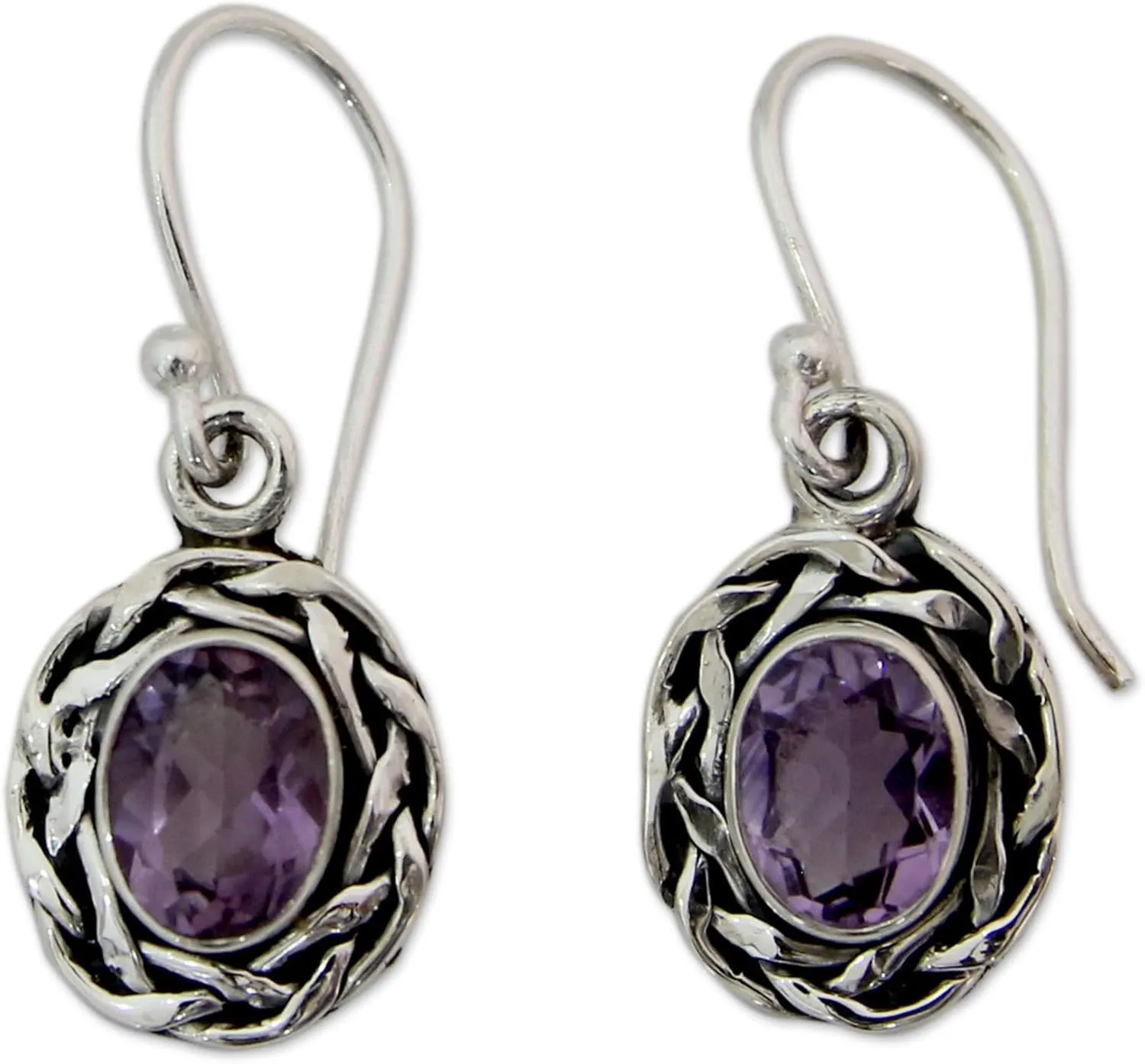 NOVICA Artisan Handmade Amethyst Dangle Earrings Woven Sterling Silver Purple India Birthstone [1.2 in L x 0.5 in W] ' Indian Basket'