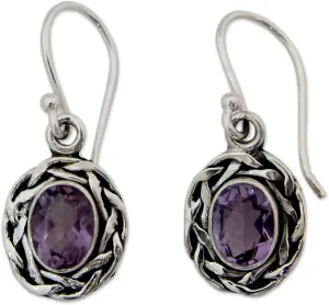 NOVICA Artisan Handmade Amethyst Dangle Earrings Woven Sterling Silver Purple India Birthstone [1.2 in L x 0.5 in W] ' Indian Basket'