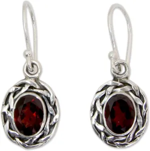 NOVICA Artisan Handmade Garnet Dangle Earrings Set Woven 925 Sterling Silver Red India Marsala Birthstone [1.3 in L x 0.5 in W] ' Indian Basket'