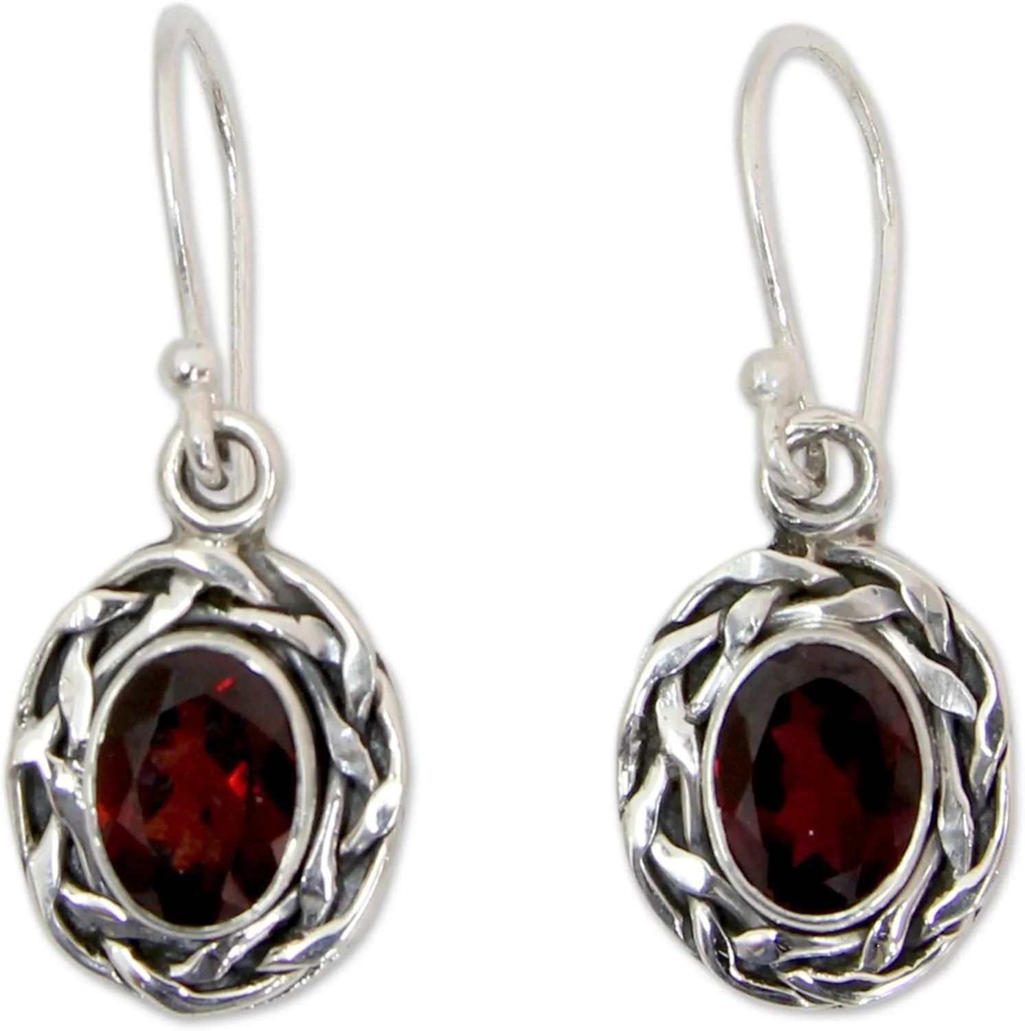 NOVICA Artisan Handmade Garnet Dangle Earrings Set Woven 925 Sterling Silver Red India Marsala Birthstone [1.3 in L x 0.5 in W] ' Indian Basket'