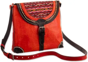 NOVICA Artisan Handmade Woolaccented Leather Shoulder Bag Crafted Orange with Handbags Slings Peru Woven Cultural ' Solari'