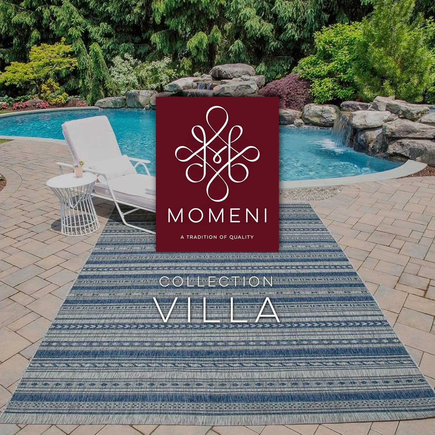 Novogratz by Momeni Villa Collection Tuscany Indoor Outdoor Blue Area Rug, 2'7" x 7'6" Runner Sized Mat for Pool, Patio, Porch, Balcony, Hallways, Kitchen, Bedroom, and Livingroom