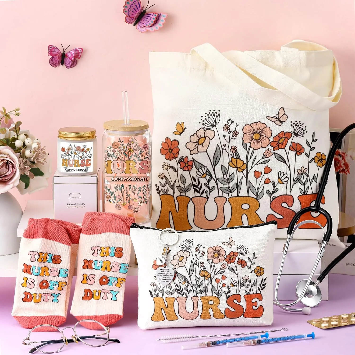 Nurses Week Gifts Ideas for Nurses Day, Good Nursing Graduation Gifts for Women Female, 17 oz Appreciation Glass Cup Canvas Tote Bag for Rn Practitioner Assistant