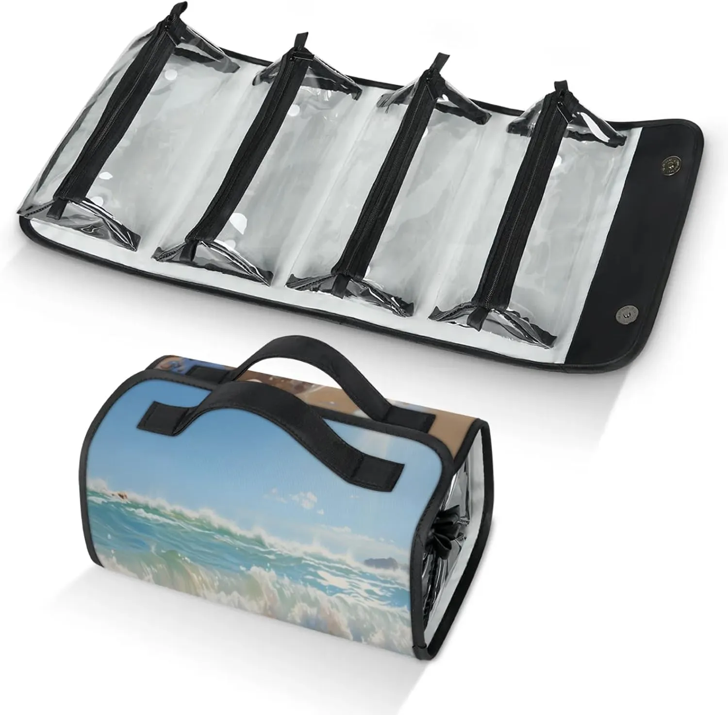 Ocean Shells Gathering Toiletry Bag Water Proof Travel Makeup Case Large Capacity 4 in 1 Foldable Cosmetics Storage for Women Men Removable Zipper Clear PVC Pockets