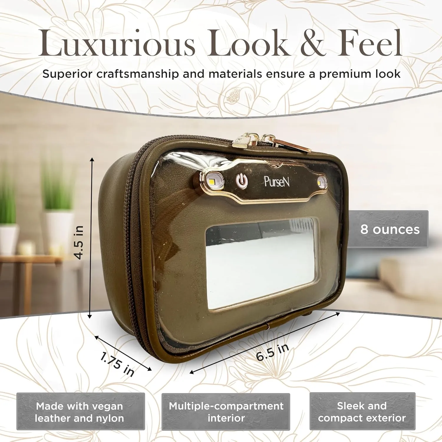 OFT 2024 LITTMINI Lighted Mirror Case - Small Makeup Bag with Detachable Mirror & Multiple Pouches for Organization - Vegan Leather, Mini Makeup Bag Ideal for Travel & Everyday Essentials (Camel)