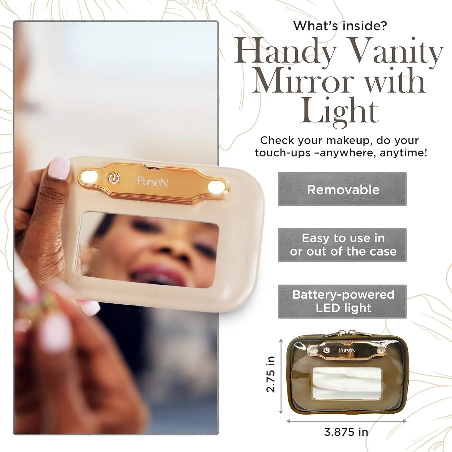 OFT 2024 LITTMINI Lighted Mirror Case - Small Makeup Bag with Detachable Mirror & Multiple Pouches for Organization - Vegan Leather, Mini Makeup Bag Ideal for Travel & Everyday Essentials (Camel)