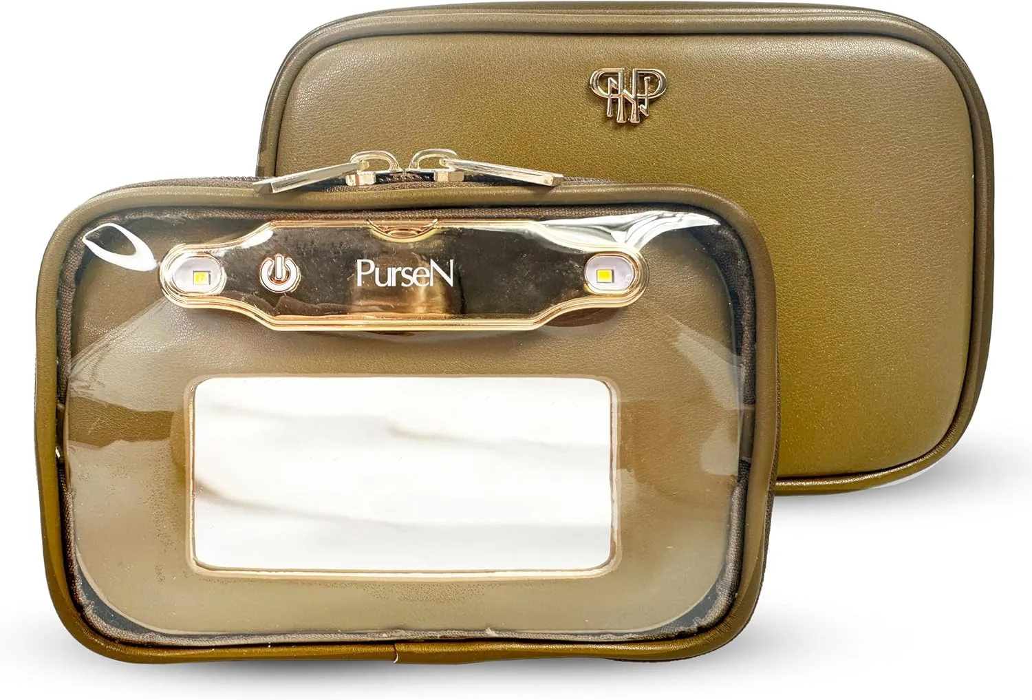 OFT 2024 LITTMINI Lighted Mirror Case - Small Makeup Bag with Detachable Mirror & Multiple Pouches for Organization - Vegan Leather, Mini Makeup Bag Ideal for Travel & Everyday Essentials (Camel)