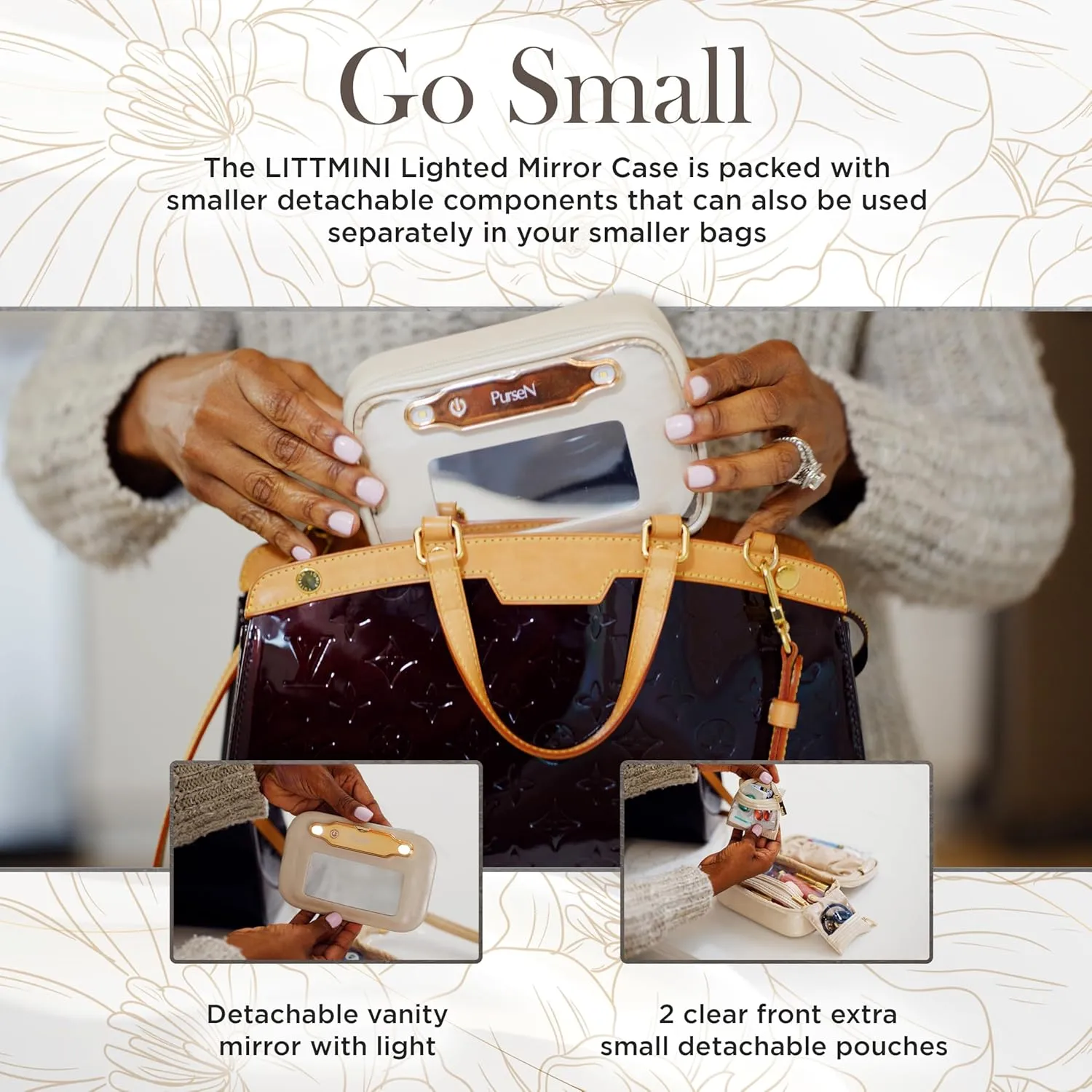 OFT 2024 LITTMINI Lighted Mirror Case - Small Makeup Bag with Detachable Mirror & Multiple Pouches for Organization - Vegan Leather, Mini Makeup Bag Ideal for Travel & Everyday Essentials (Camel)