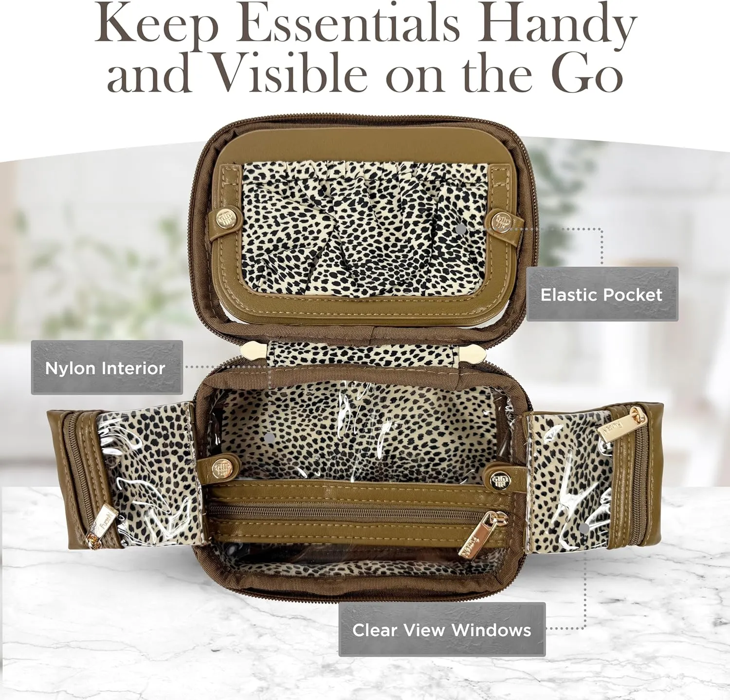 OFT 2024 LITTMINI Lighted Mirror Case - Small Makeup Bag with Detachable Mirror & Multiple Pouches for Organization - Vegan Leather, Mini Makeup Bag Ideal for Travel & Everyday Essentials (Camel)