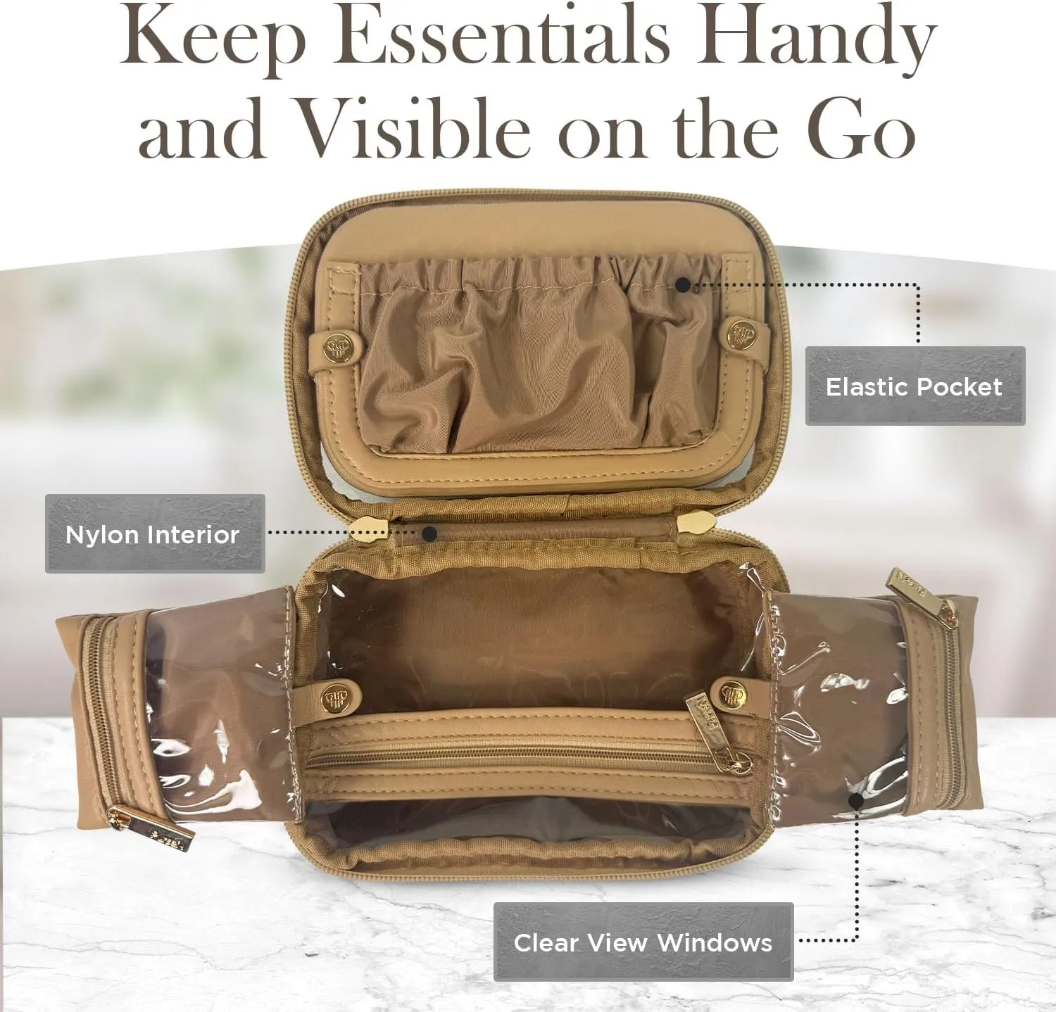 OFT 2024 LITTMINI Lighted Mirror Case - Small Makeup Bag with Detachable Mirror & Multiple Pouches for Organization - Vegan Leather, Mini Makeup Bag Ideal for Travel & Everyday Essentials (Nude)