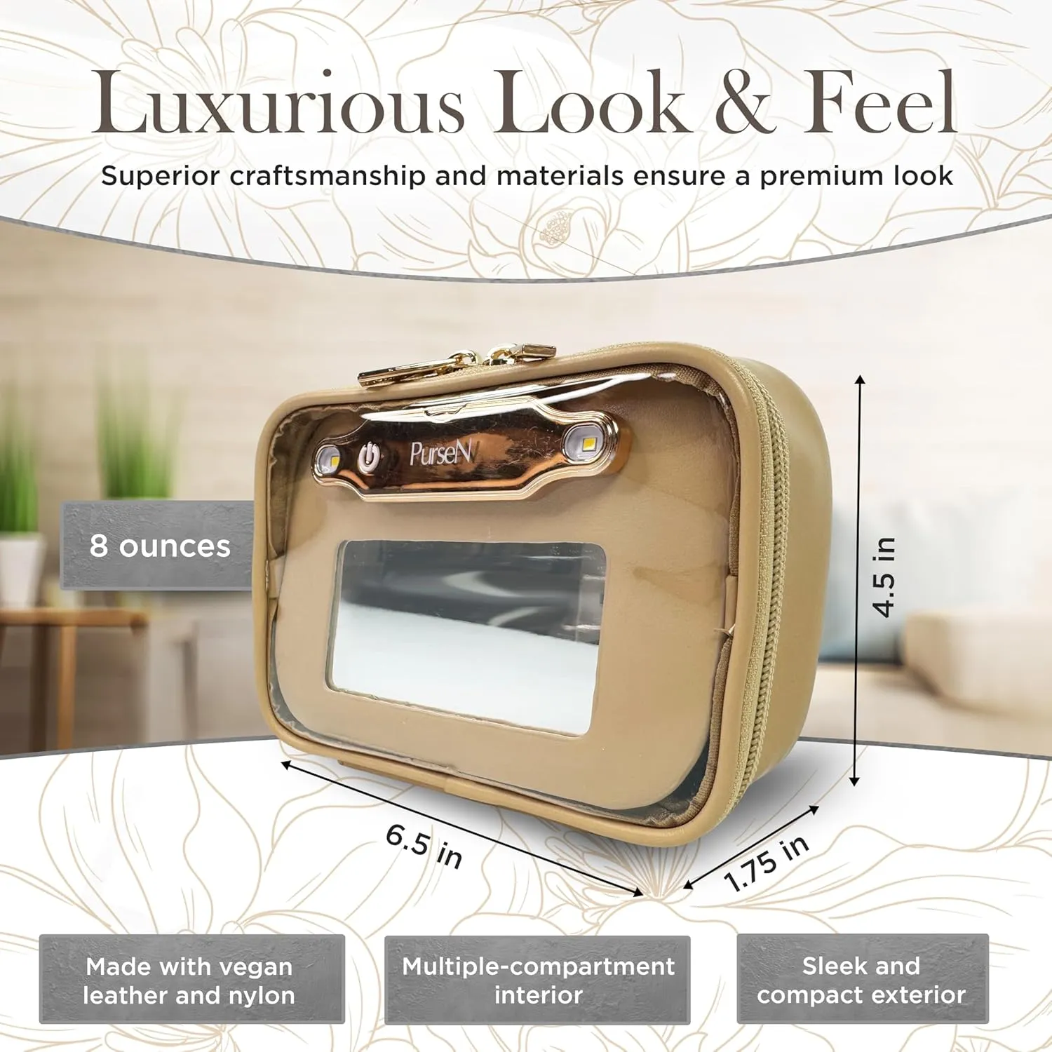 OFT 2024 LITTMINI Lighted Mirror Case - Small Makeup Bag with Detachable Mirror & Multiple Pouches for Organization - Vegan Leather, Mini Makeup Bag Ideal for Travel & Everyday Essentials (Nude)