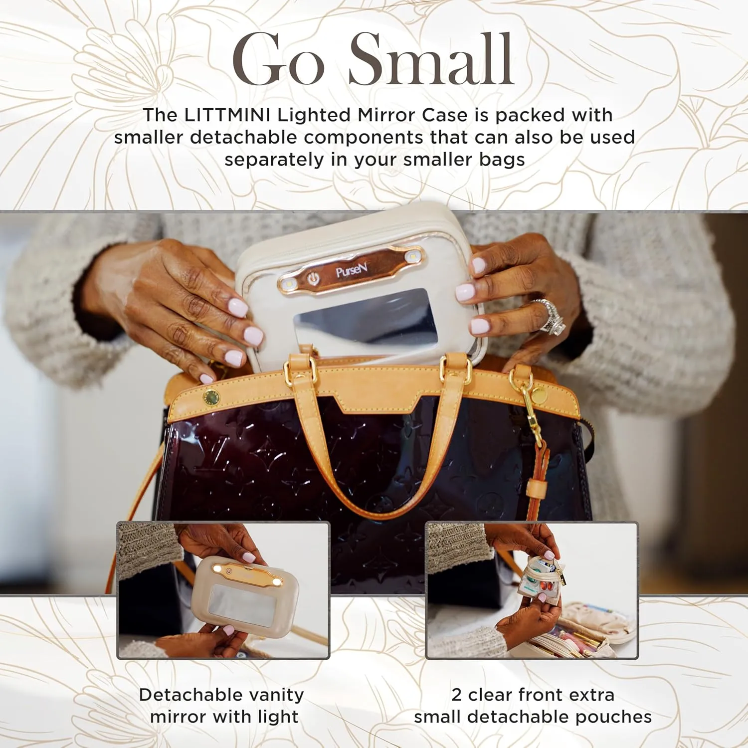 OFT 2024 LITTMINI Lighted Mirror Case - Small Makeup Bag with Detachable Mirror & Multiple Pouches for Organization - Vegan Leather, Mini Makeup Bag Ideal for Travel & Everyday Essentials (Nude)