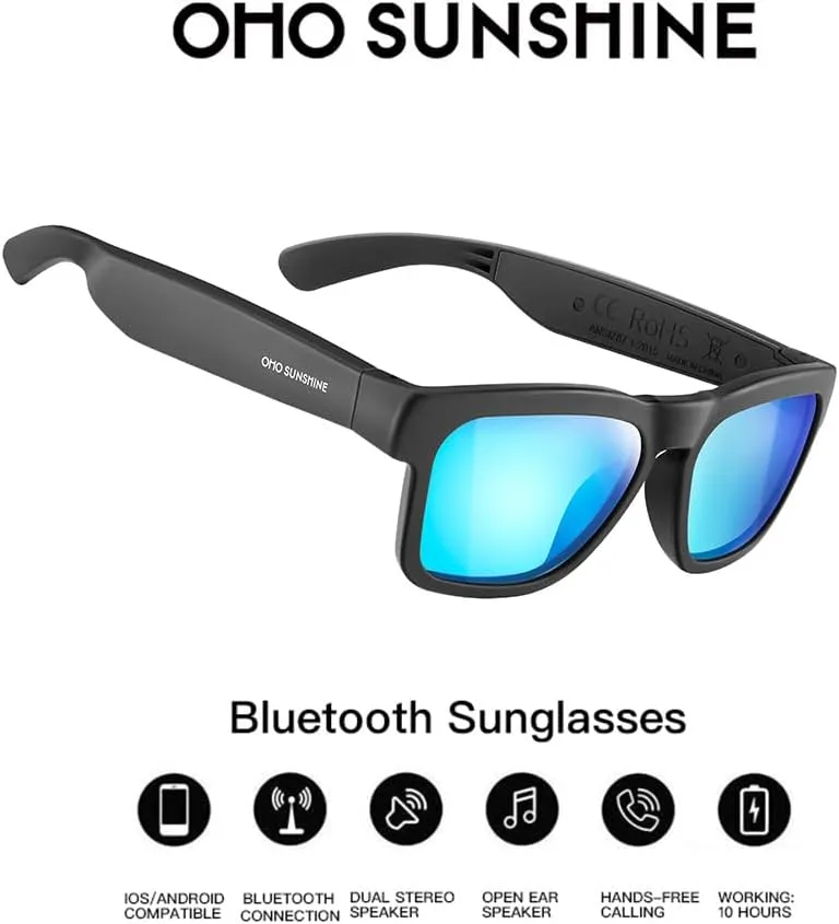 OhO Smart Glasses,Polarized Sunglasses with Bluetooth Speaker,Athletic/Outdoor UV Protection and Voice Control,Unisex(Mirror Blue Lens)